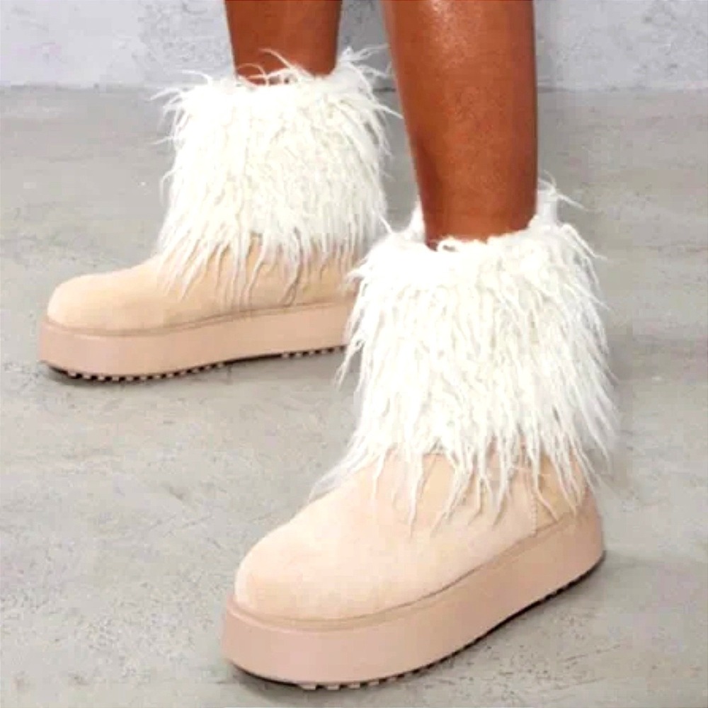 Fur Ankle Boots Booties Size 7 Faux Suede Flat Platform Heel Pretty Little Thing